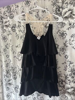 Women's Black Tiered Tank with Cream Crochet Racerback